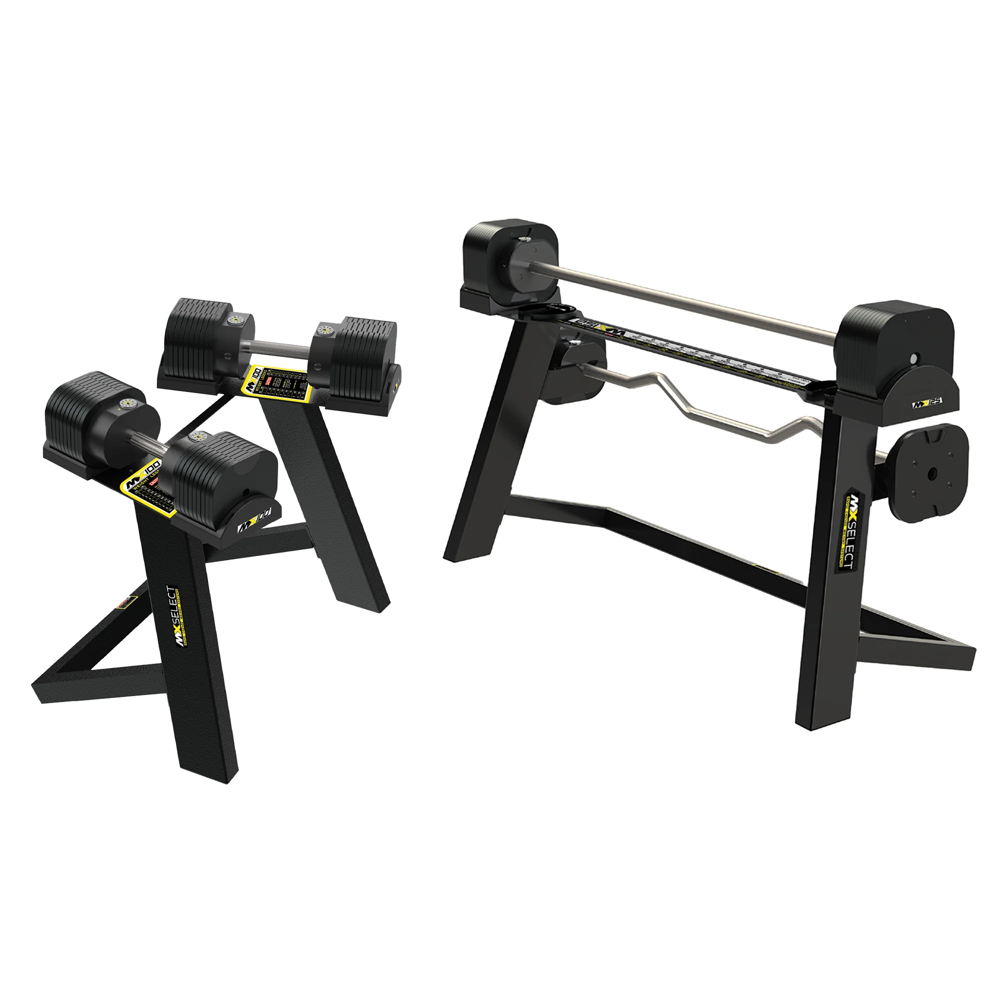 MX100 Rapid Change Dumbbell + MX125 Rapid Change Barbell System with Stand Set