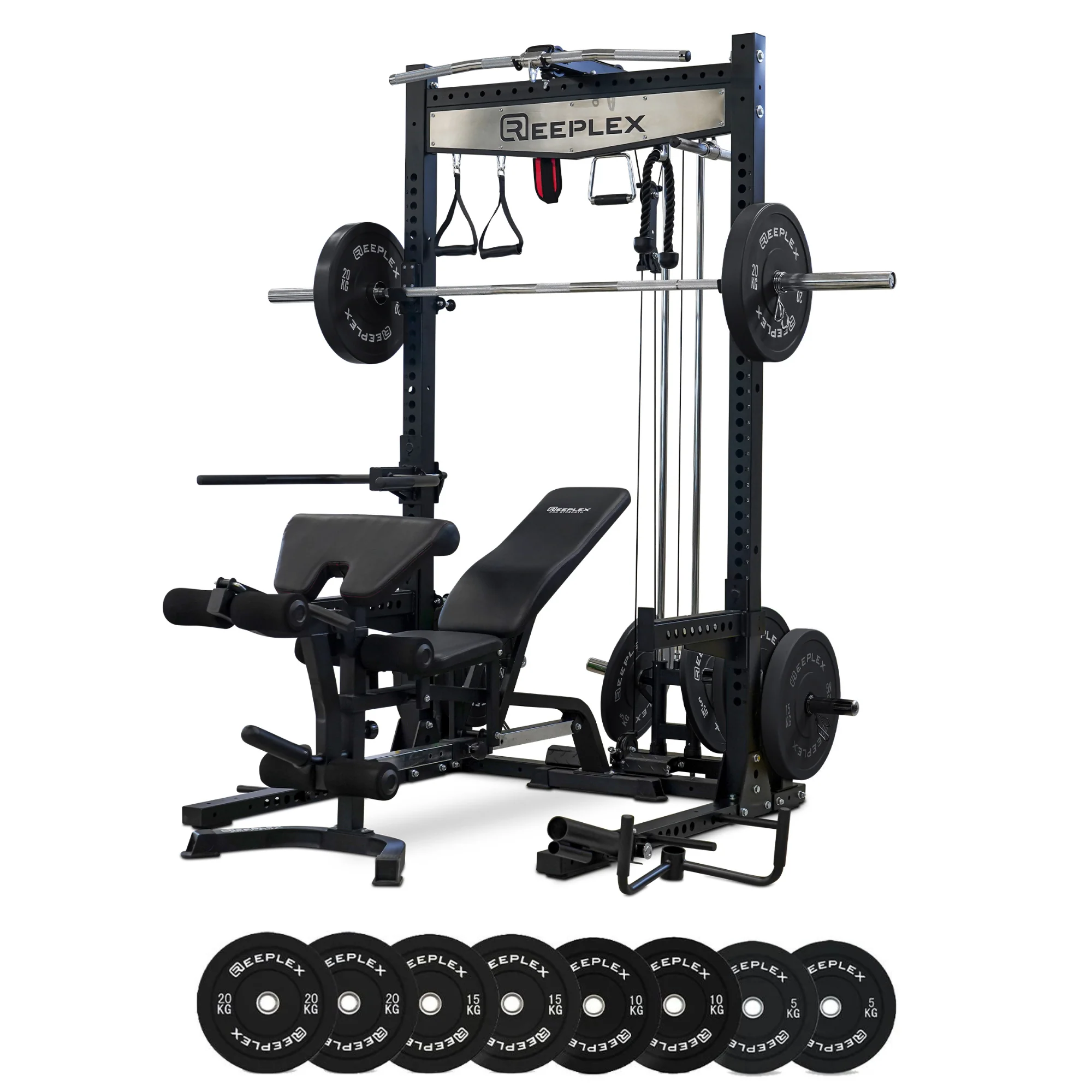 Reeplex RPR8 Squat Rack + Adjustable Bench + 100kg Black Bumper Weights + Barbell